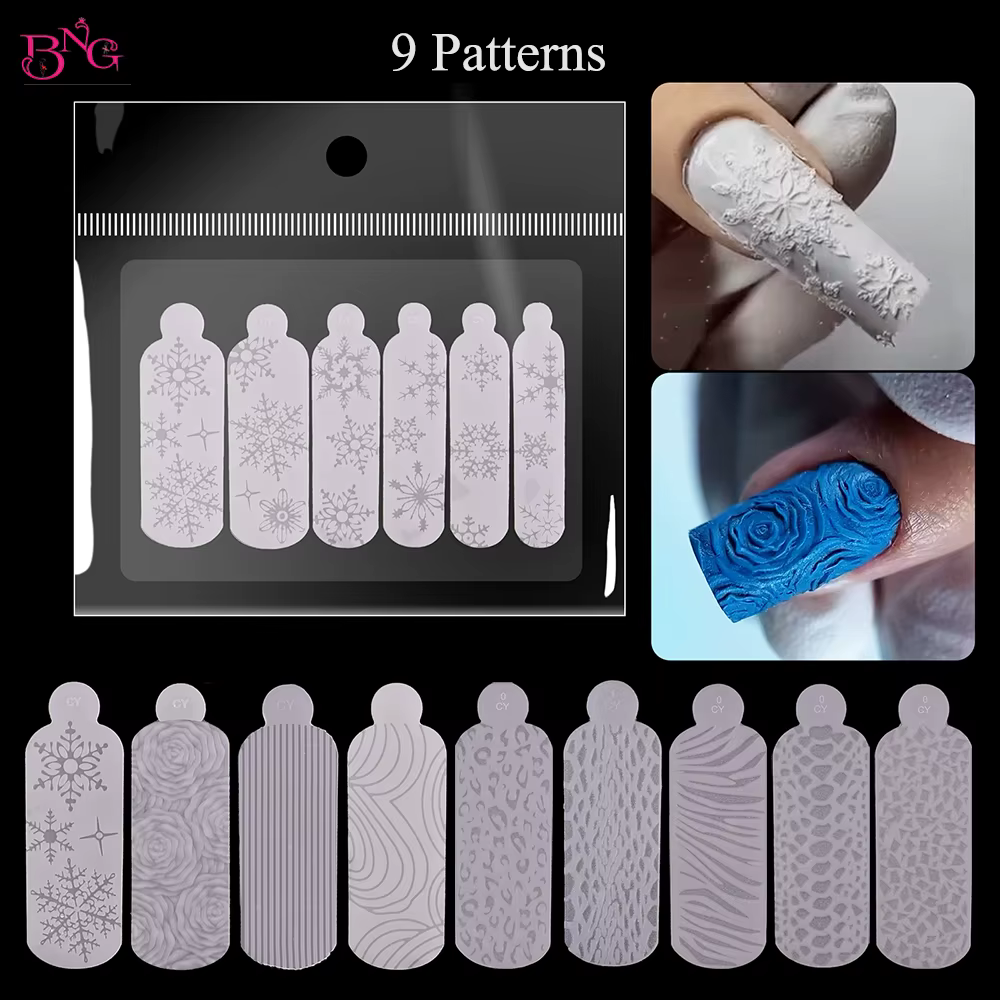 BNG 12 pièces ensemble de formes d'ongles de manucure française moules en Silicone à double autocollant pour une conception rapide pochoirs roses réutilisables avec motif de soulagement