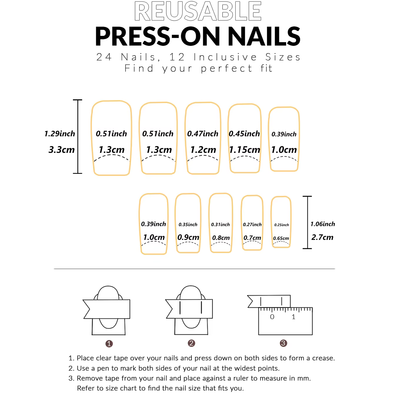 24 pièces faux ongles rectangulaires