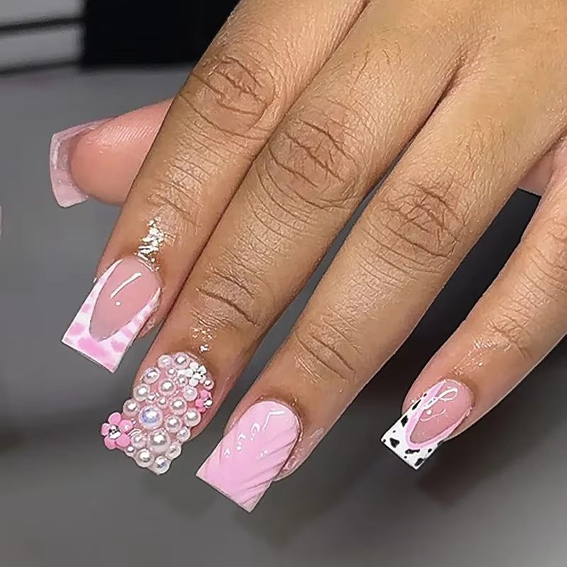 Zèbre rayures jaune blanc français Nail Art brillant strass fleur étoile faux ongles détachable fini