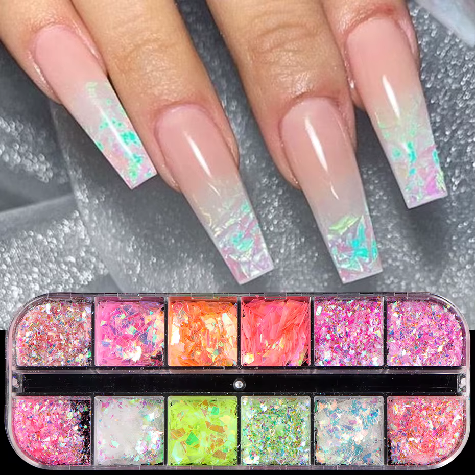 12 grilles Aurora caméléon ongles paillettes flocons irréguliers cristal verre