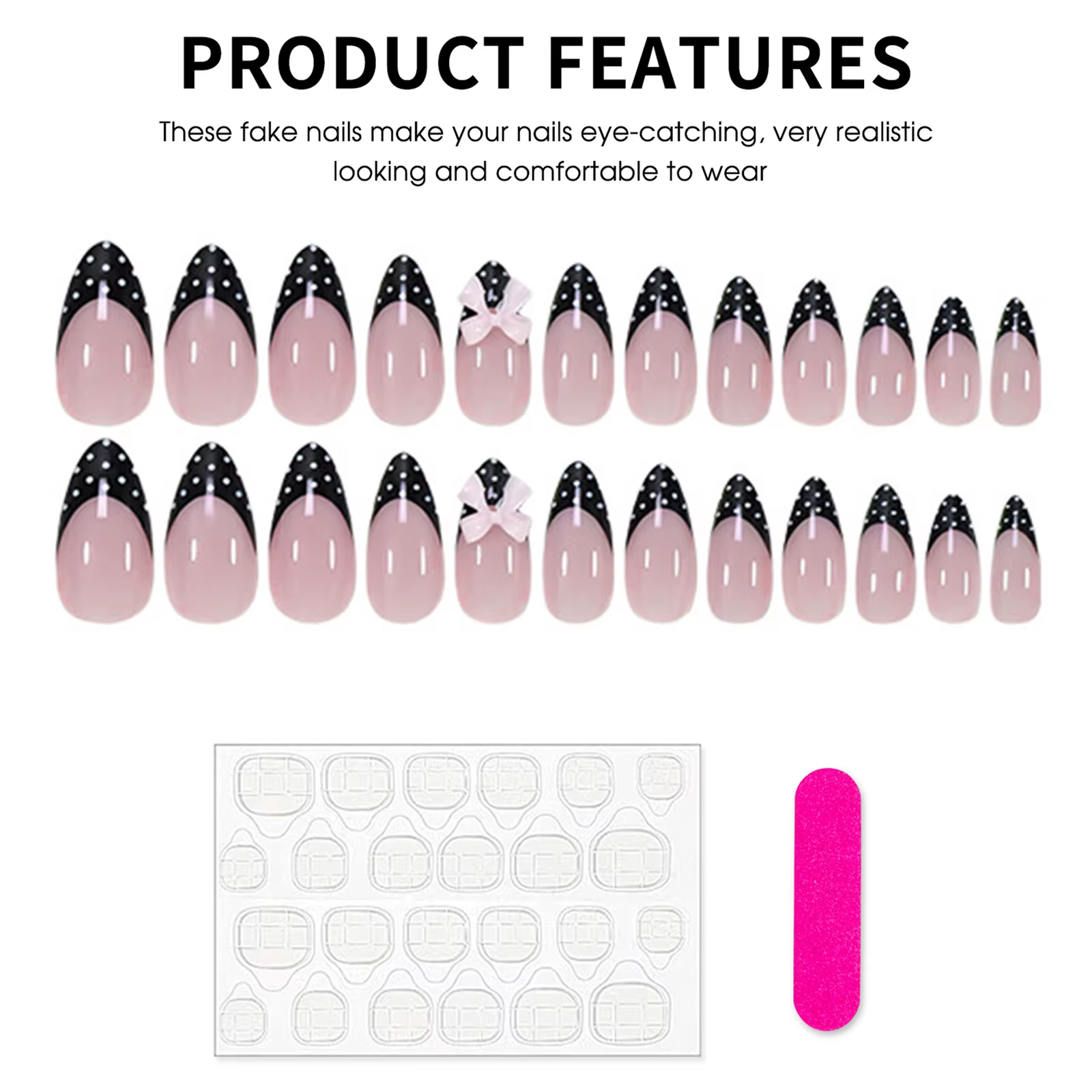 24 faux ongles noirs de style français en forme d'amande
