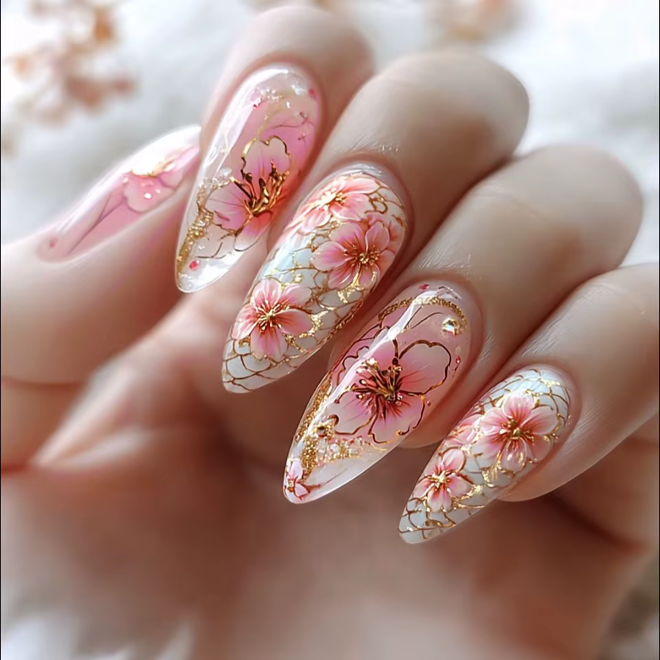 Faux ongles à pression en fleurs de pêcher roses