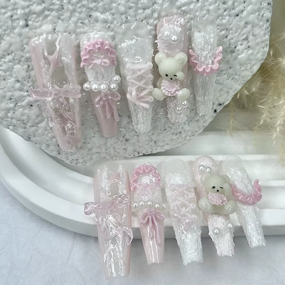 10 pièces mignon rose bleu Lolita français dentelle à la main presse sur les ongles 3D ours en peluche arc perle faux