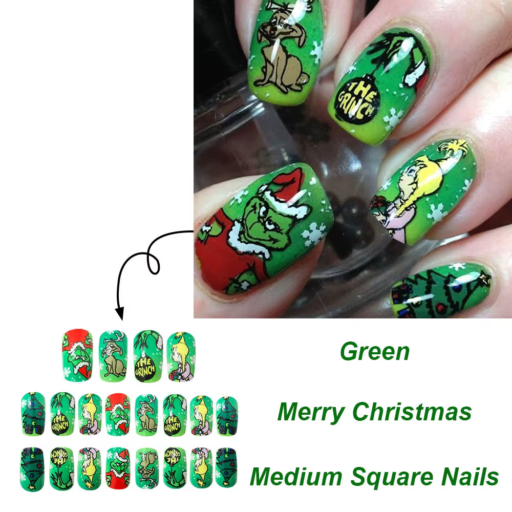 Faux ongles carrés courts à pression de noël monstre vert mignon avec lettres vertes Grinch couverture complète bâton