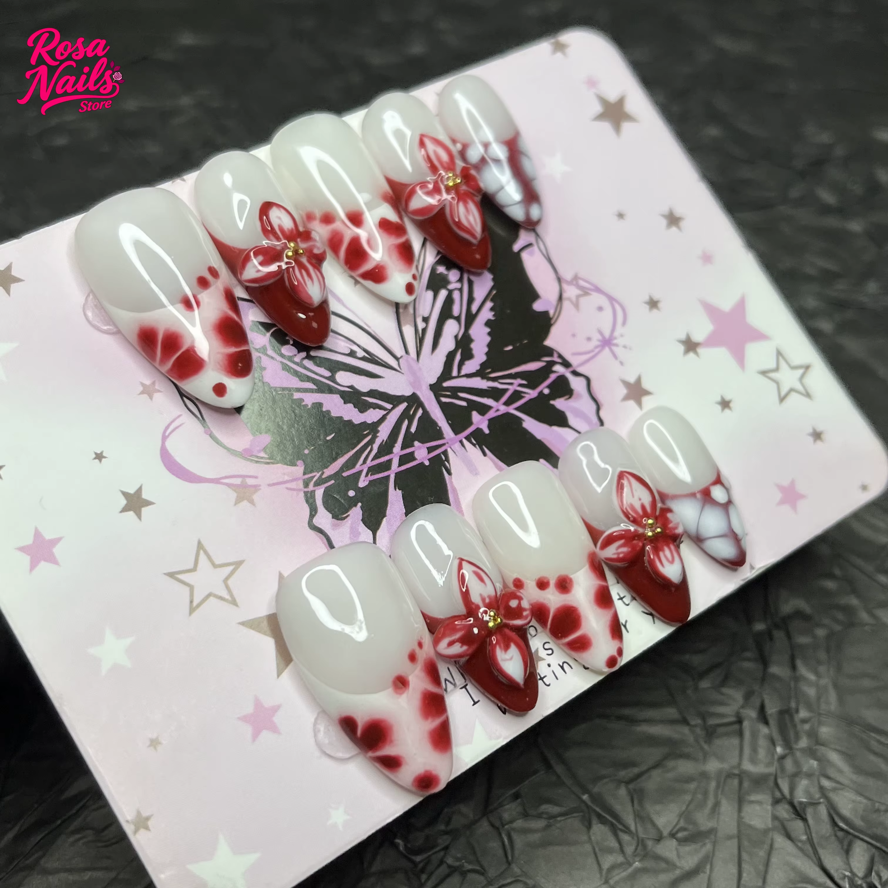 10 pièces presse à la main sur les ongles rouge 3D fleur amande
