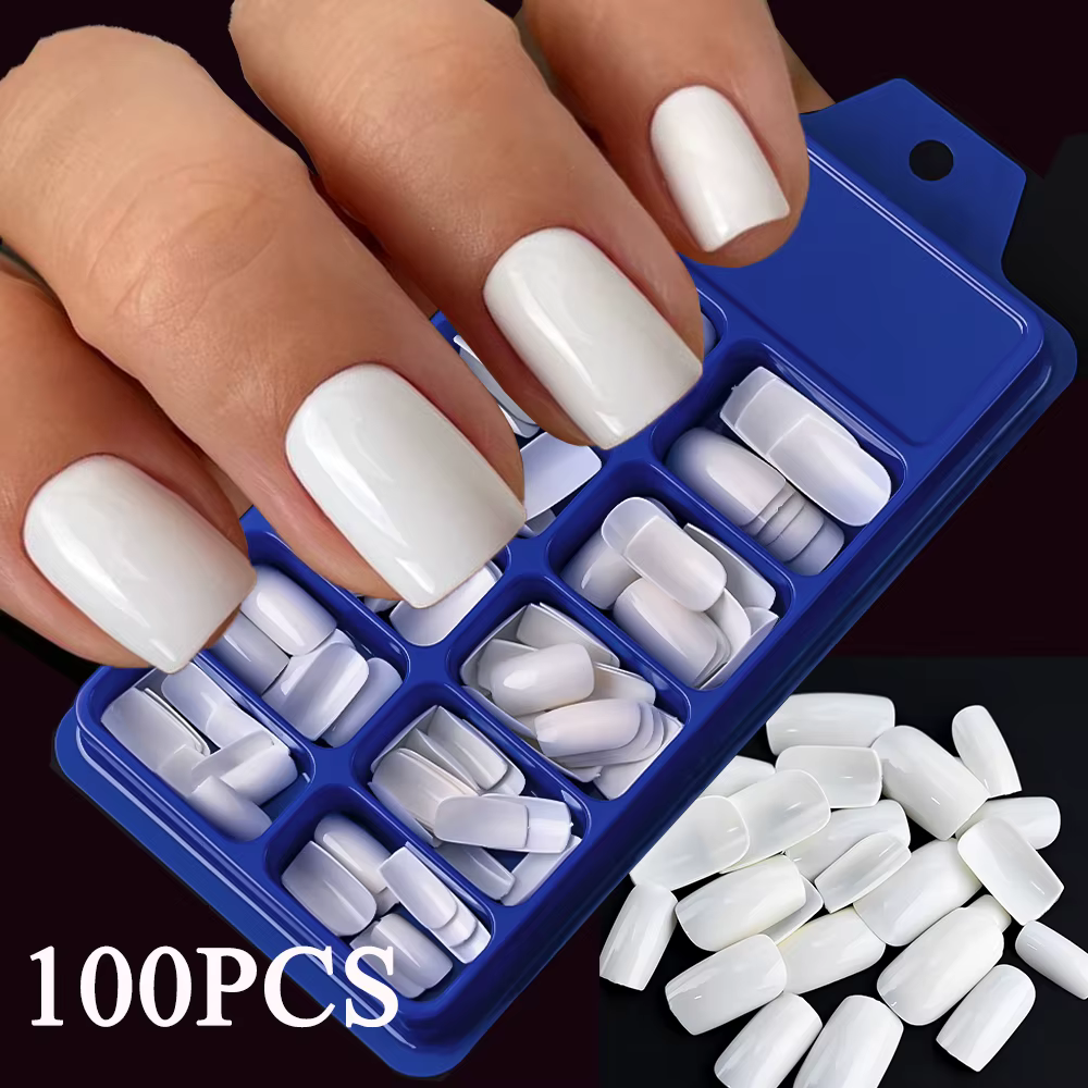 100 pièces lait blanc/rose carré court rond faux ongles couverture complète acrylique
