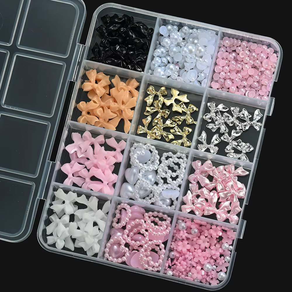 12 grilles 3D ruban multicolore fleur Nail Art breloques simulés pétales amour