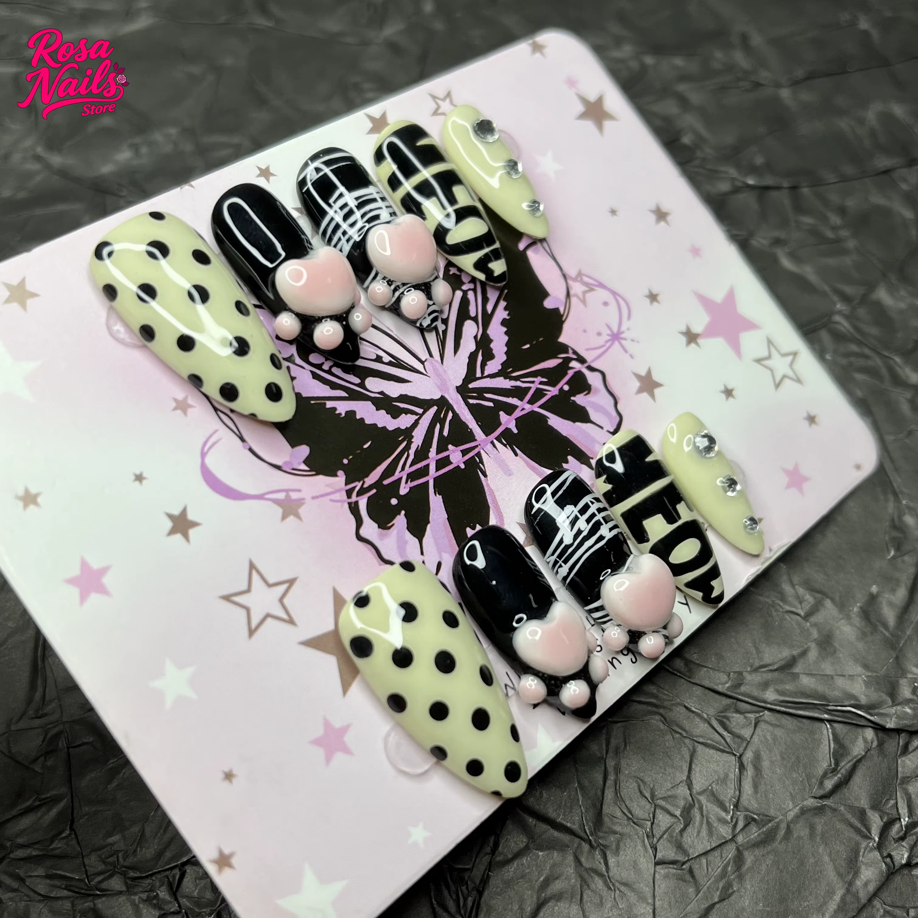 10 pièces presse à la main sur les ongles 3D patte tampons noir blanc à pois