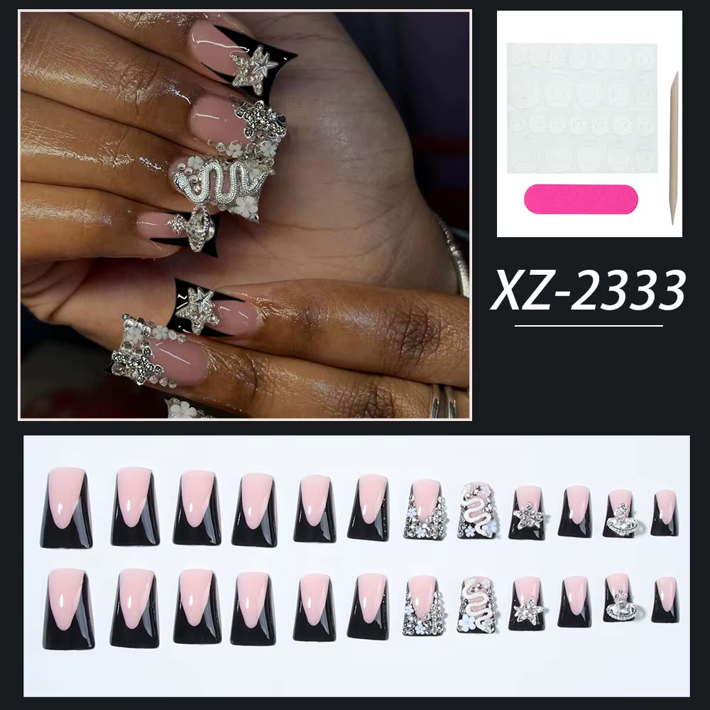 24 pièces Long canard noir pointe française presse sur ongles croix en alliage 3D