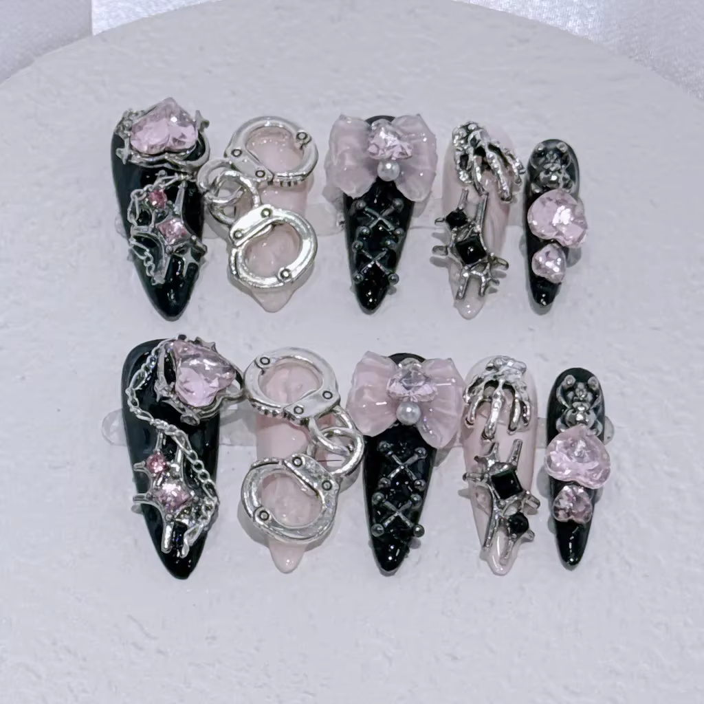 Shibuya Menhera Noir Rose Longue Pointe Faux Ongles Y2k Spice Girl Doux Cool