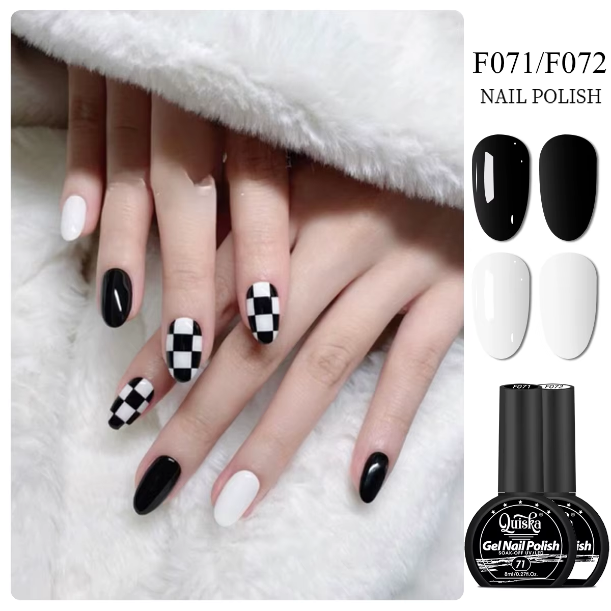 Quiska Lot de 2 vernis à ongles gel noir et blanc 8 ml semi-permanents à retirer par trempage UV LED