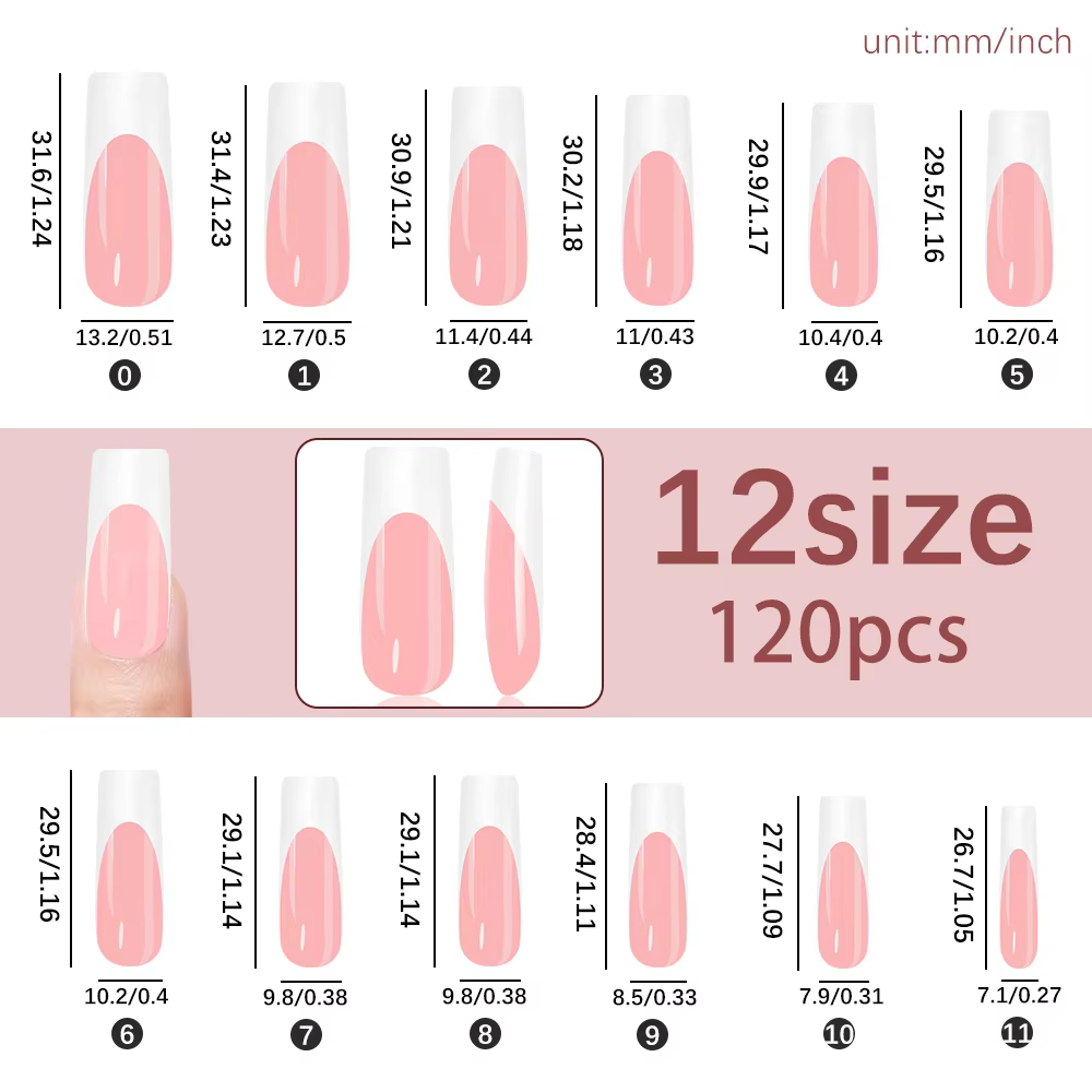 120 pièces brillant rose français presse sur ongles 12 tailles longs carrés faux