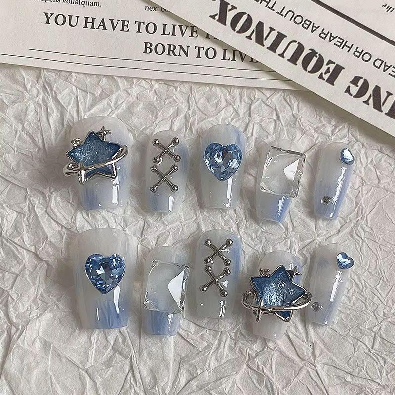 10 pièces Dreamy Blue Light Press - sur les ongles avec étoile