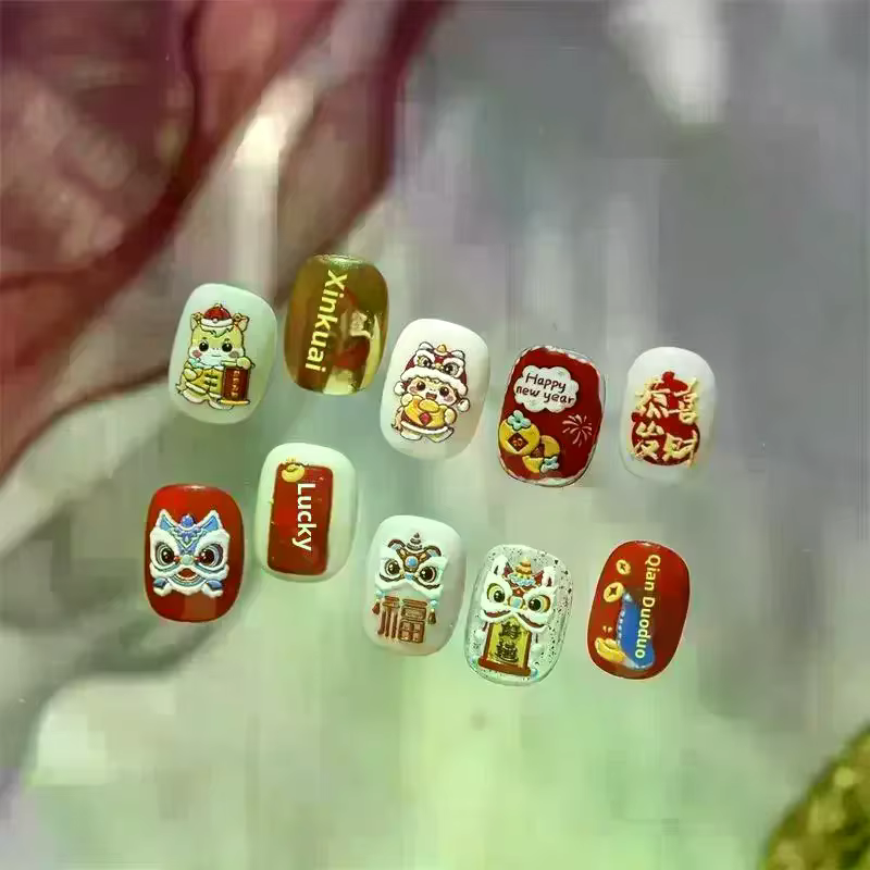 Mignon nouvel an chinois cheval année Lion danse arc Nail Art impression autocollants chanceux poney manucure décalcomanies festif en relief décor d'ongle