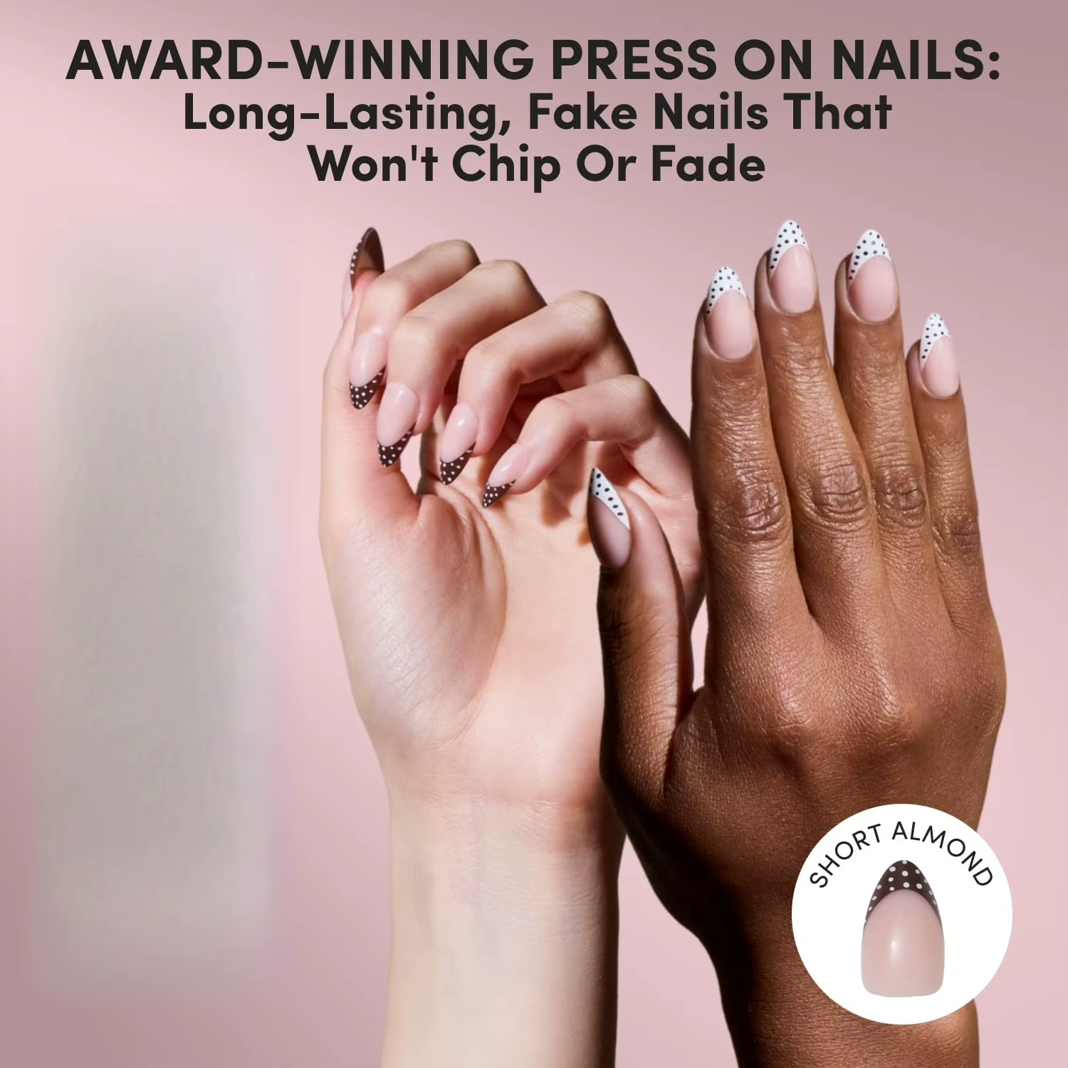 Faux ongles courts en forme d'amande avec pointes françaises à pois