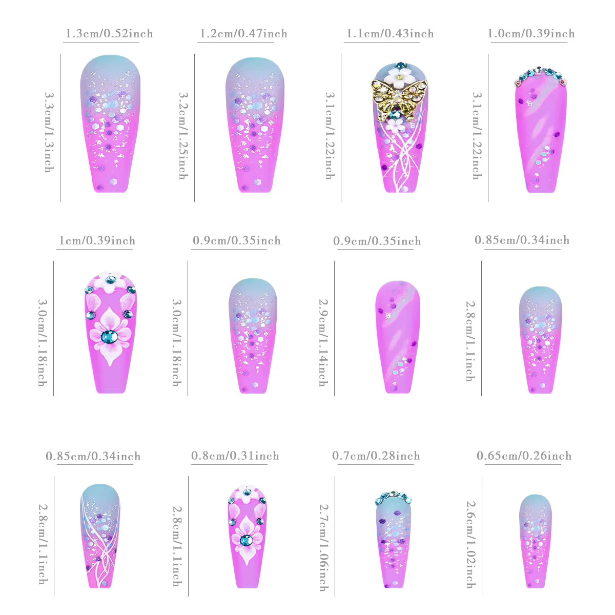 Faux biscuits arc-en-ciel avec camélia presse longue sur N64 Coffin Glitter French Tip N64 Rainbow Ombre N64
