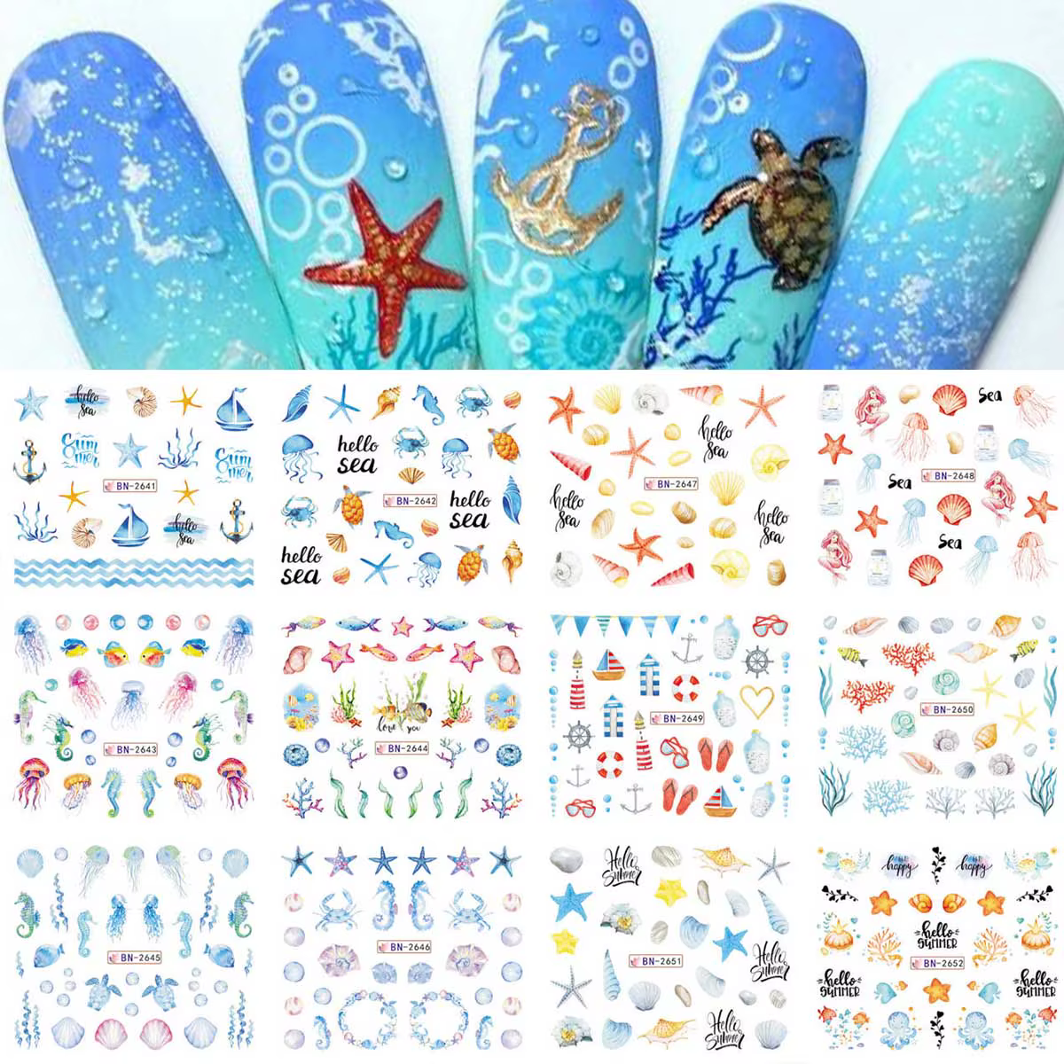12 Motifs d'Autocollants pour Ongles Thème Océan Estival – Conques