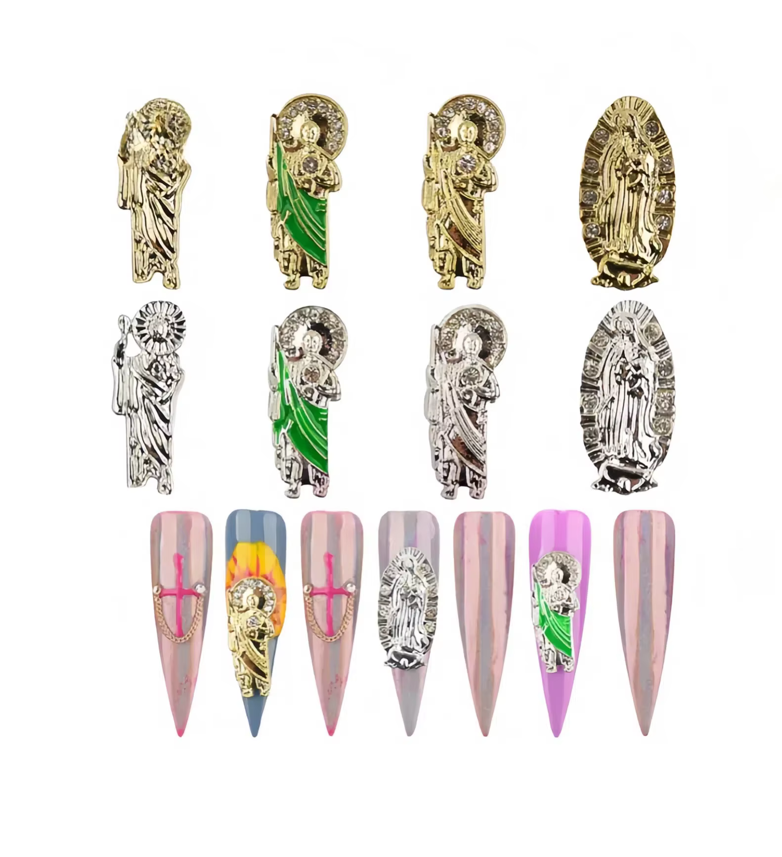 12 pièces ongles alliage exquis jésus prêtre vierge marie soulagement strass décoration d'ongle thème religieux