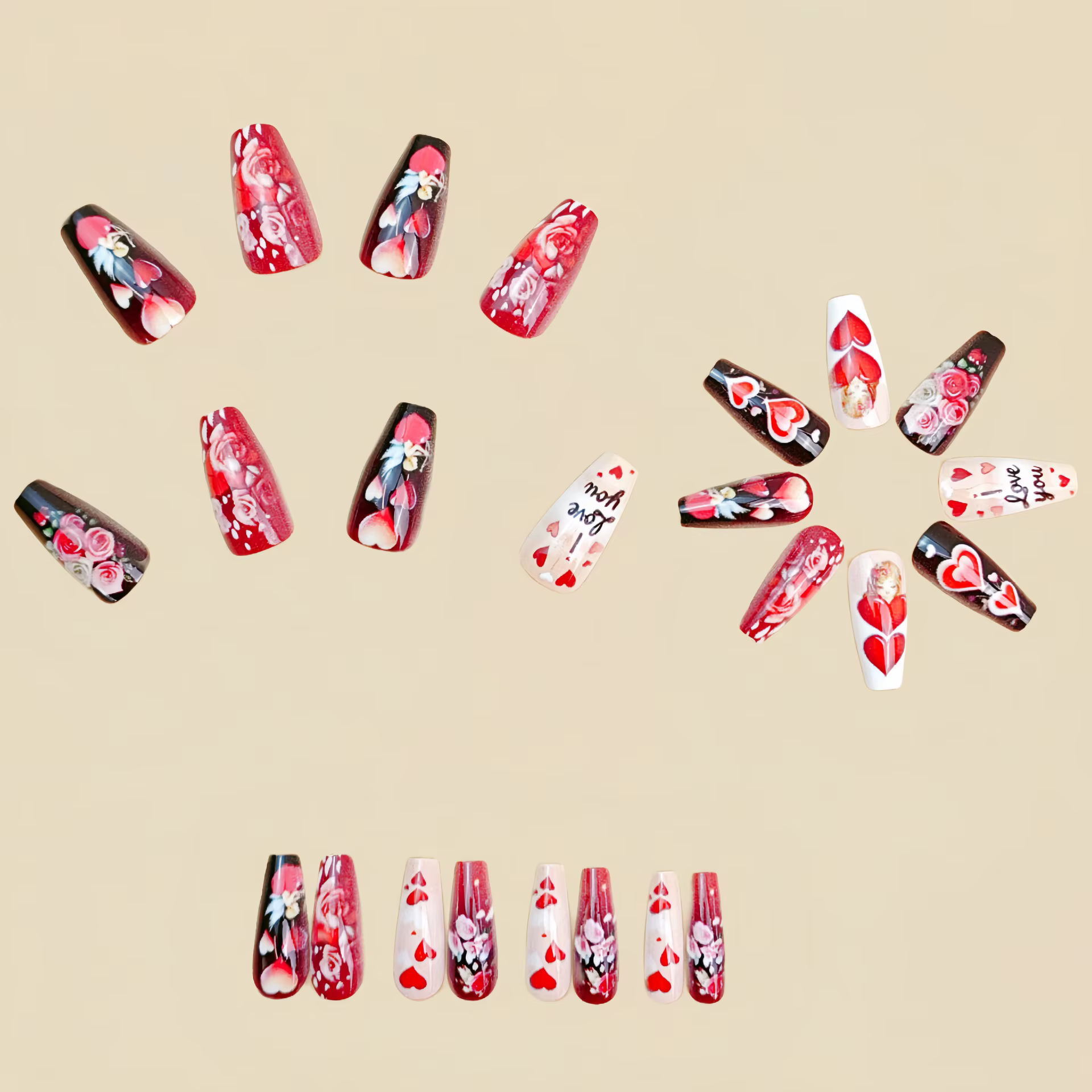 Faux ongles en forme de cœur rouge