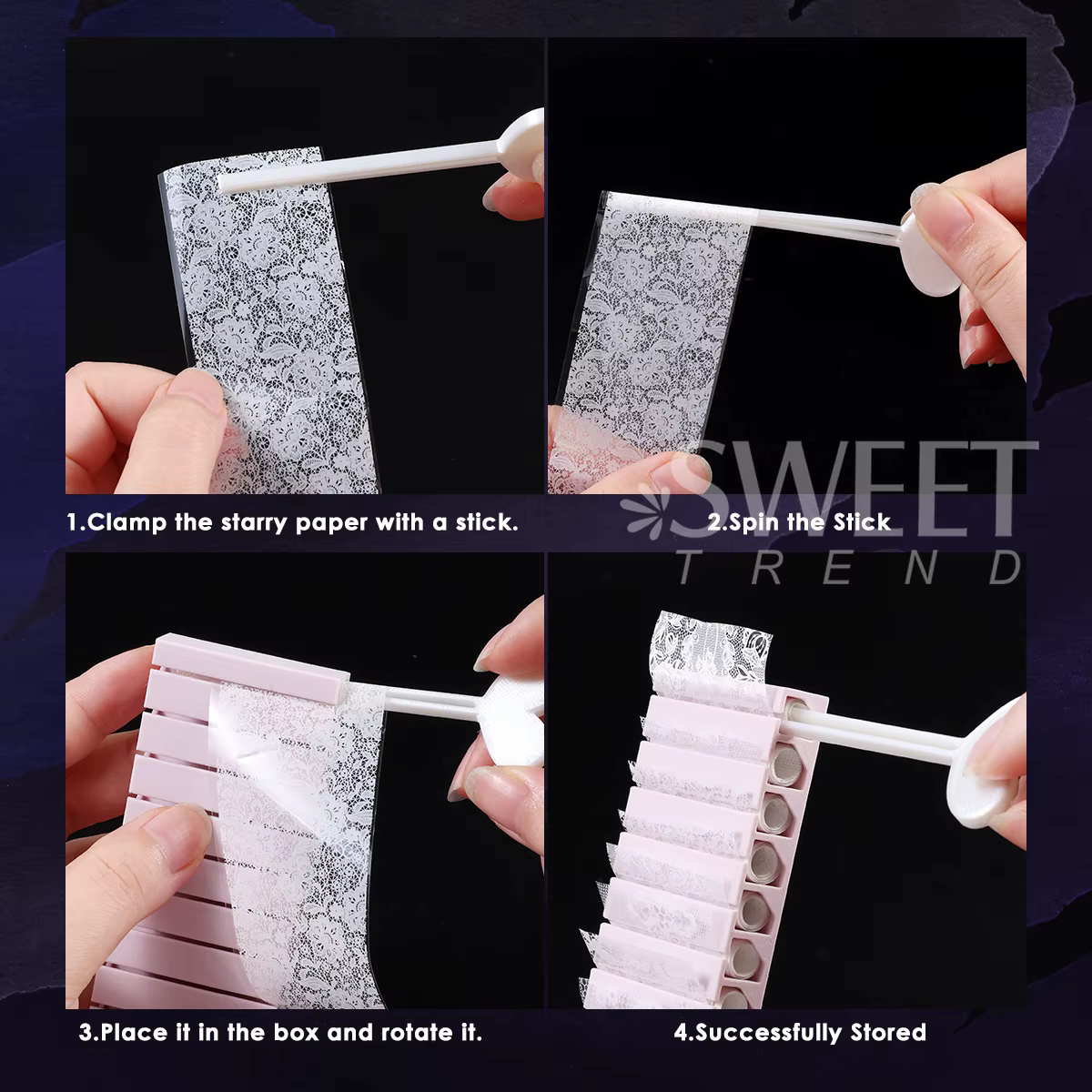Boîte de rangement rotative pour feuilles de transfert d'ongles