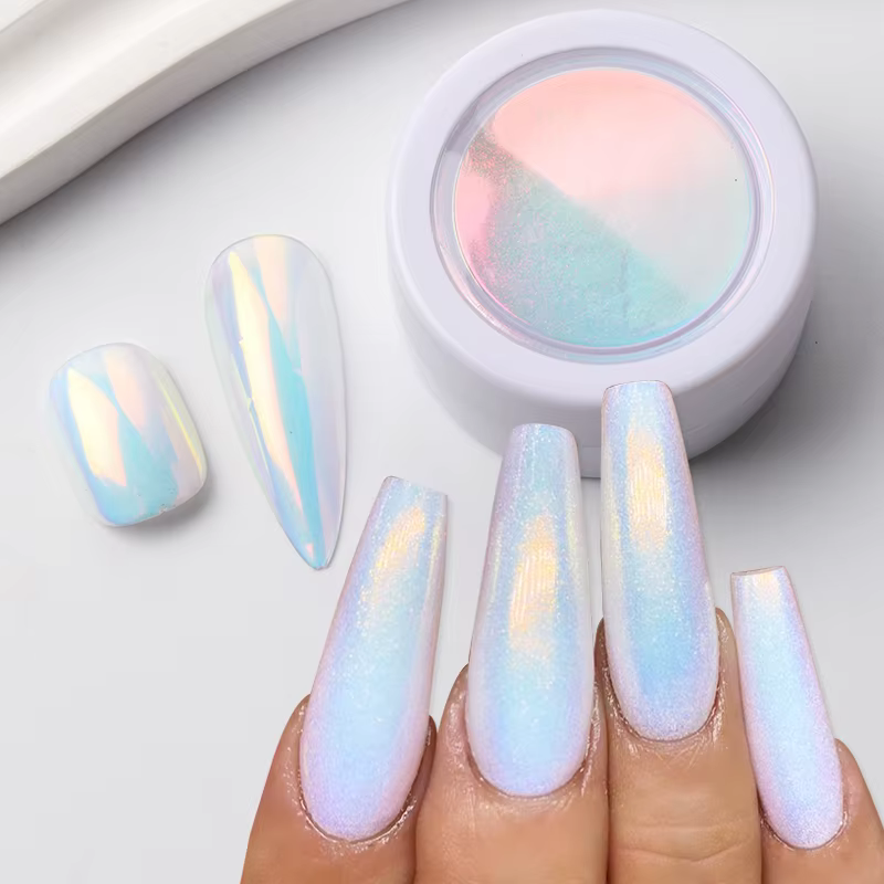 1/2 pièces Poudre à ongles rose effet aurore chromée