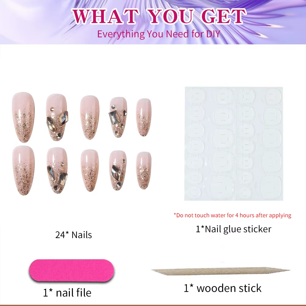24 pièces d'ongles longs en forme d'amande avec lumière scintillante : design français