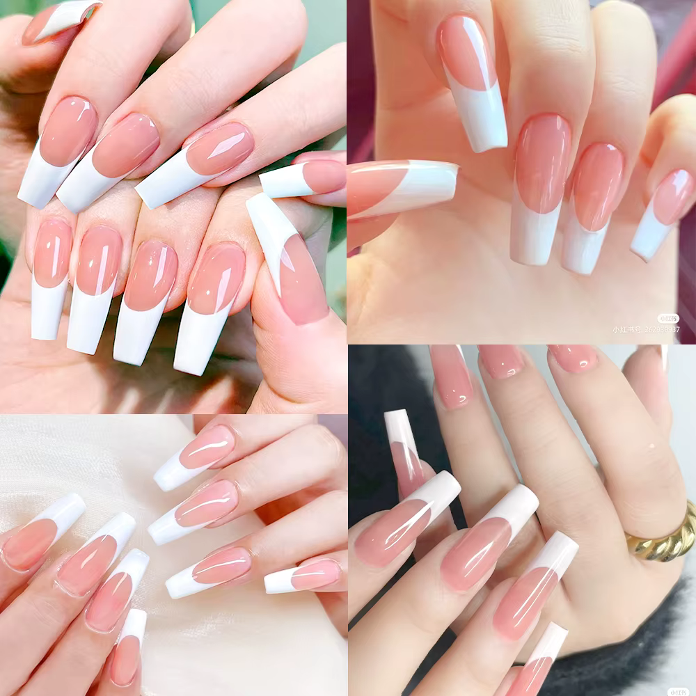 120 pièces brillant rose français presse sur ongles 12 tailles longs carrés faux