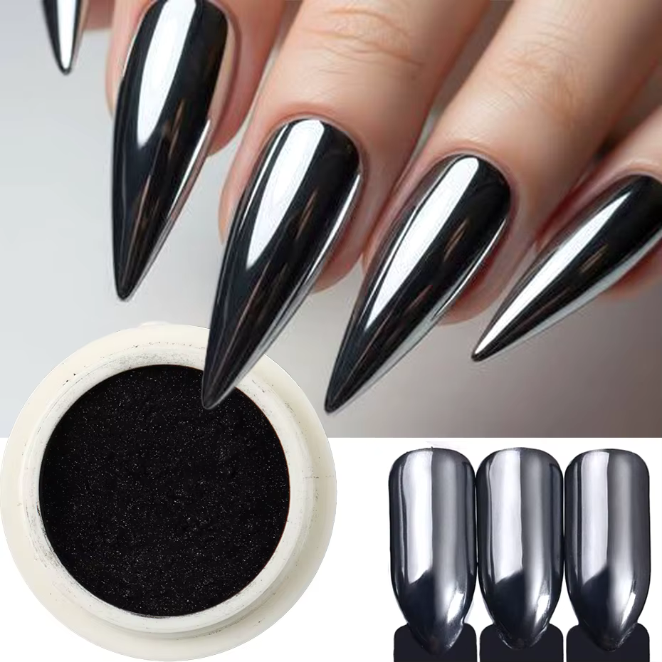 Poudre à ongles noire chromée
