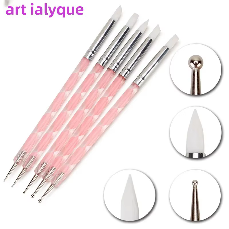 5 pièces 2 voies Nail Art acrylique Silicone pointe fleur stylo à ongles en acier inoxydable outils de pointage marbré