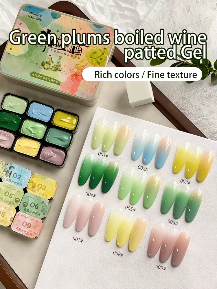 Gel semi-solide pour ongles 9 couleurs, motif prune verte et vin bouilli, effet estompé, haute saturation, populaire, en pot, pour salon de manucure