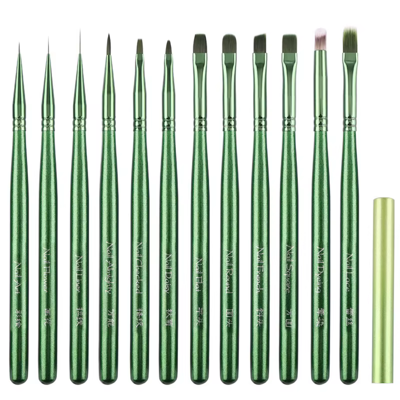 Nouveau Pinceau Vert pour Nail Art avec Manche en Bois Peint