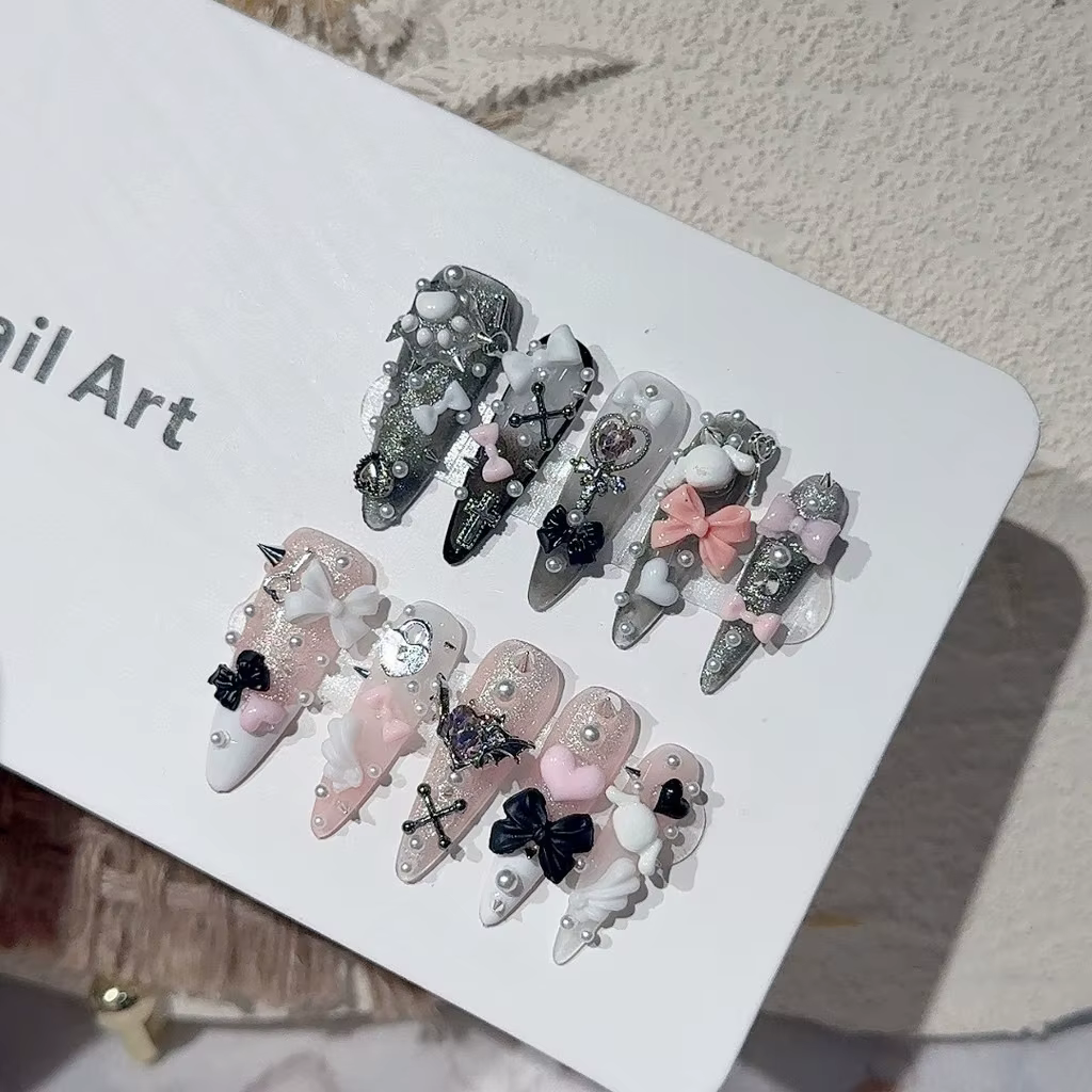 Jirai Y2K Spice Girl Black Pink Long Tip French Press On Nails Sweet Cool Menhera Nail Art 3D Bow Cross Kawaii Cute Fake