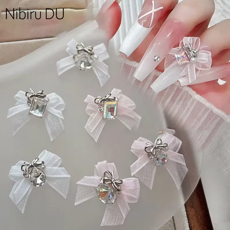 5 pièces 3D Organza arc Nail Art strass accessoires blanc rose arc carré goutte d'eau diamant
