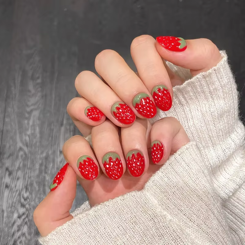 Faux ongles 3D fraise faits main à presser avec boîte et outils 2026 – Kawaii