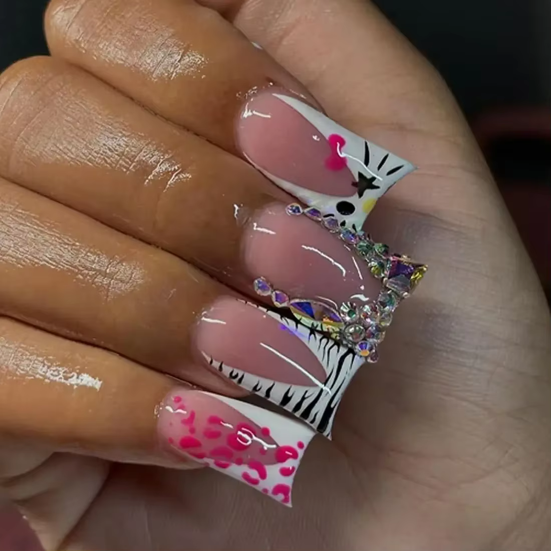 Zèbre rayures jaune blanc français Nail Art brillant strass fleur étoile faux ongles détachable fini