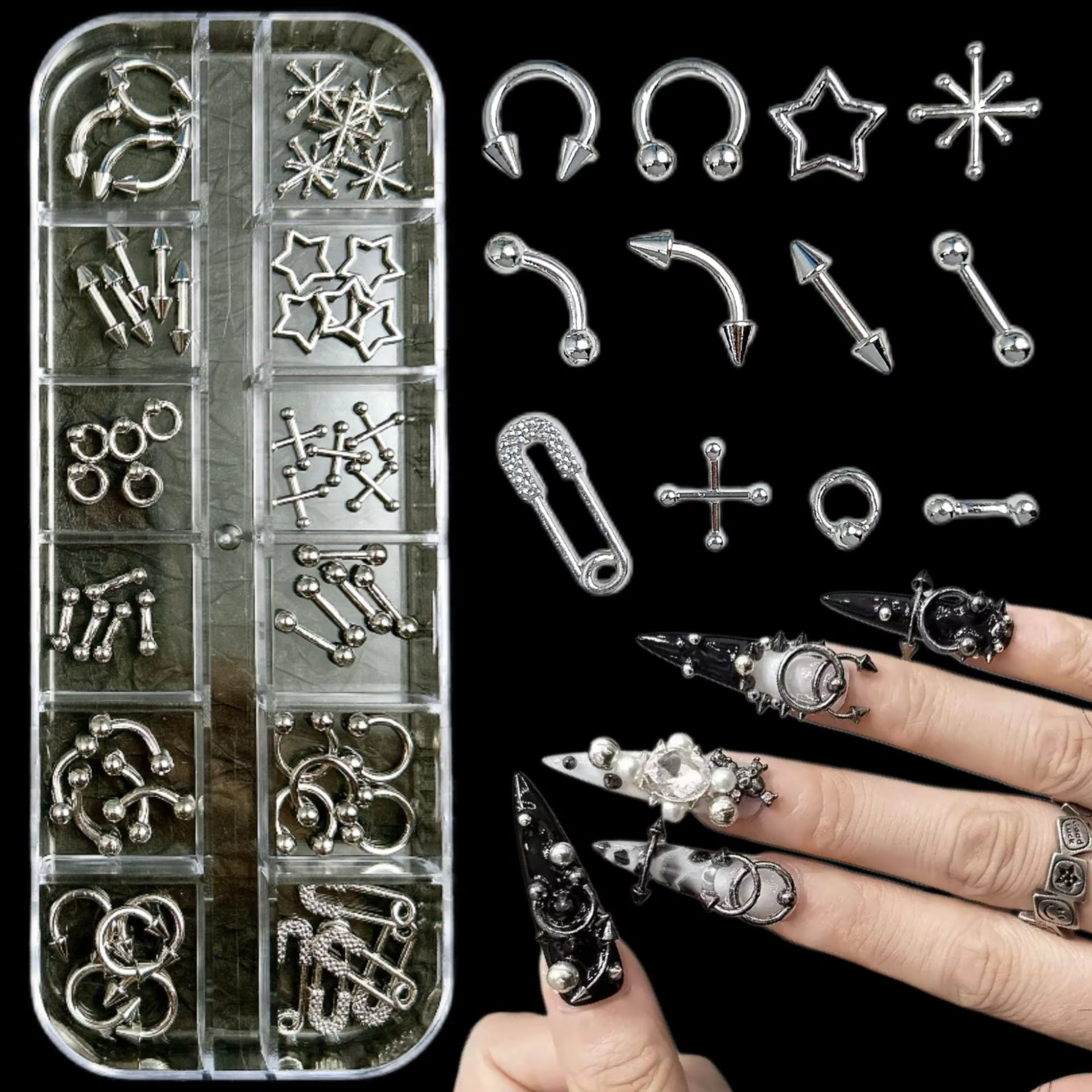 12 grilles Goth Punk ongles breloques goujons Y2K Piercing conceptions métallique argenté