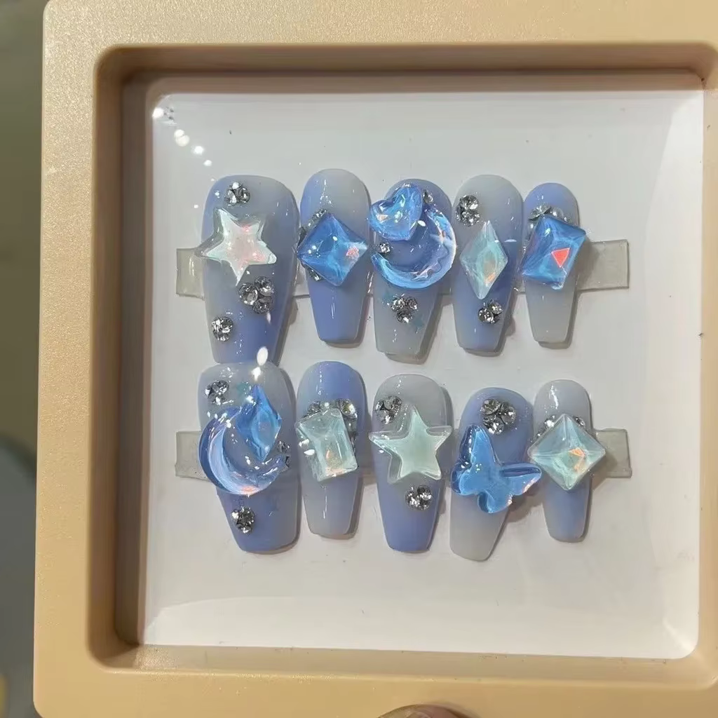 Halo Bleu Faux Ongles Star Lune Nail Patch Diamant