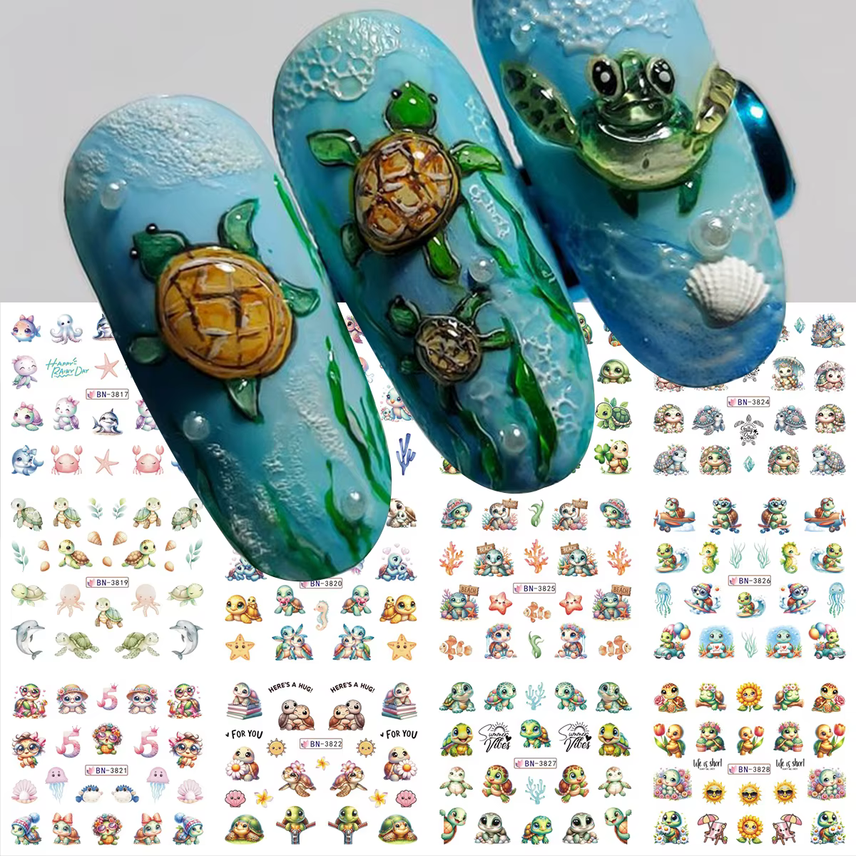 12 Motifs Adorables Tortues Marines Autocollants d'Été pour Ongles Dauphins Étoiles Thème Océan Décoration Manucure à Transfert d'Eau Breloques Coulissantes