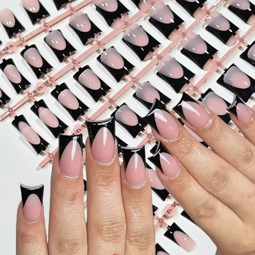 120 faux ongles en gel souple à presser, forme bec de canard, courts et carrés, noirs, rose nude, brillants, prêts à poser