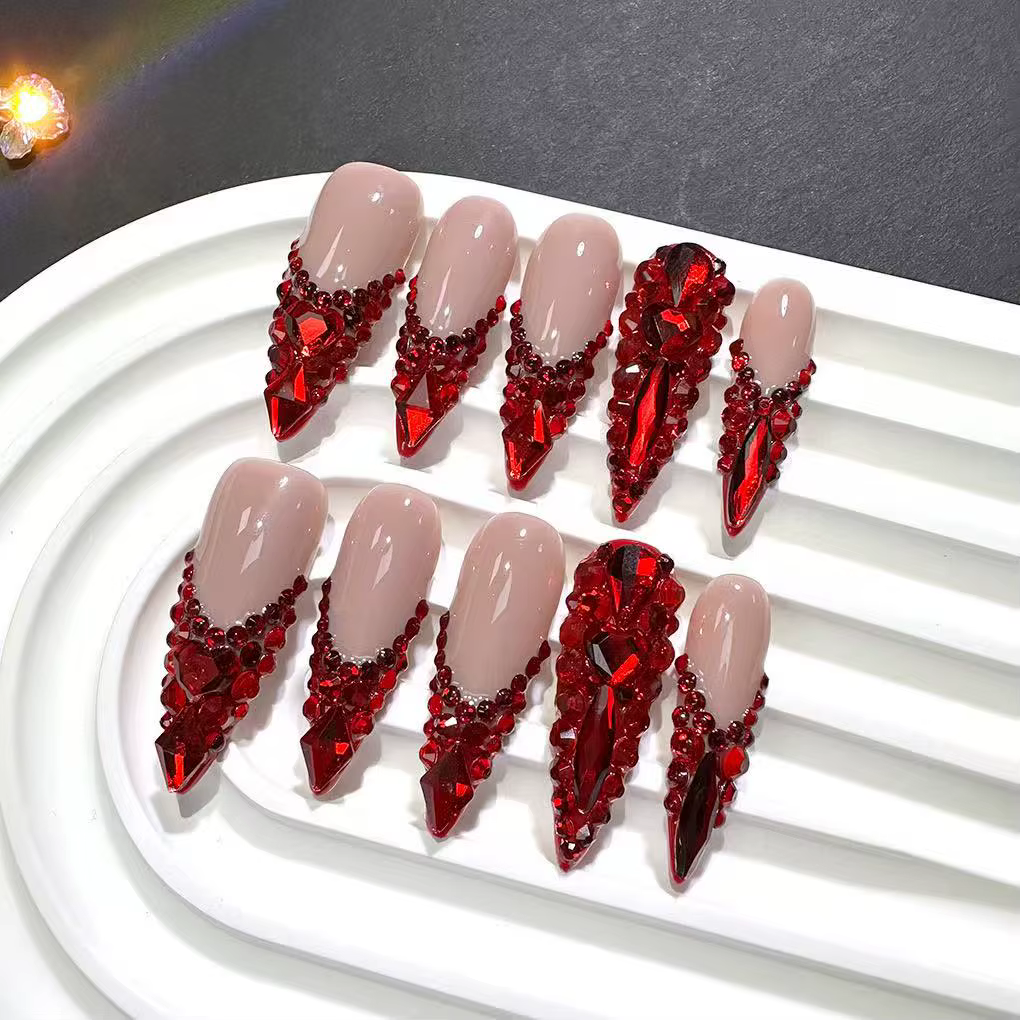 10 pièces haut de gamme la série rouge est pleine de diamants cercueil fait à la main pointes françaises faux ongles