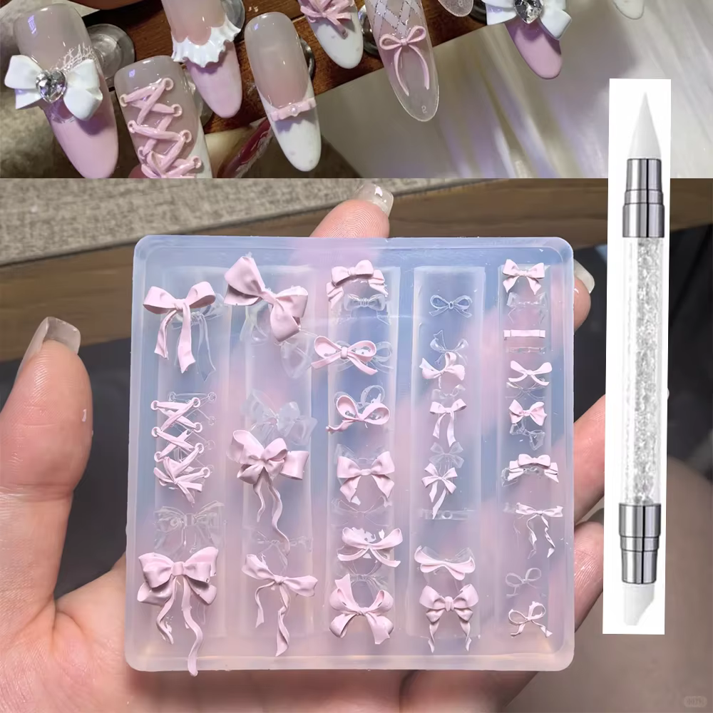 Moules à ongles en Silicone avec nœud papillon 3D + 1 stylo à découper