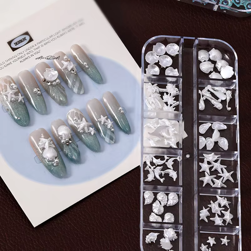 12 grilles/boîte 3D Nail Art breloques aurore coquilles étoile de mer queue de sirène accessoire pour rêveur océanique manucure Look