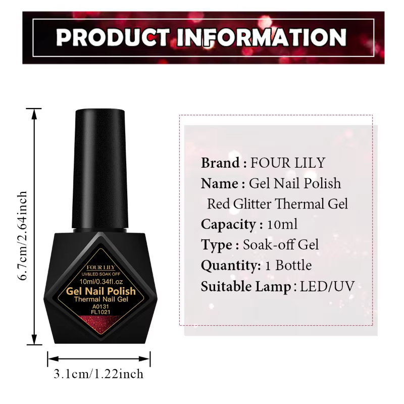 Vernis à ongles thermique à paillettes rouges 10 ml