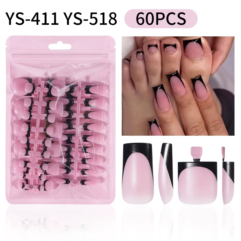 60 pièces Nail Art conseils orteil blanc français presse sur ongles noir