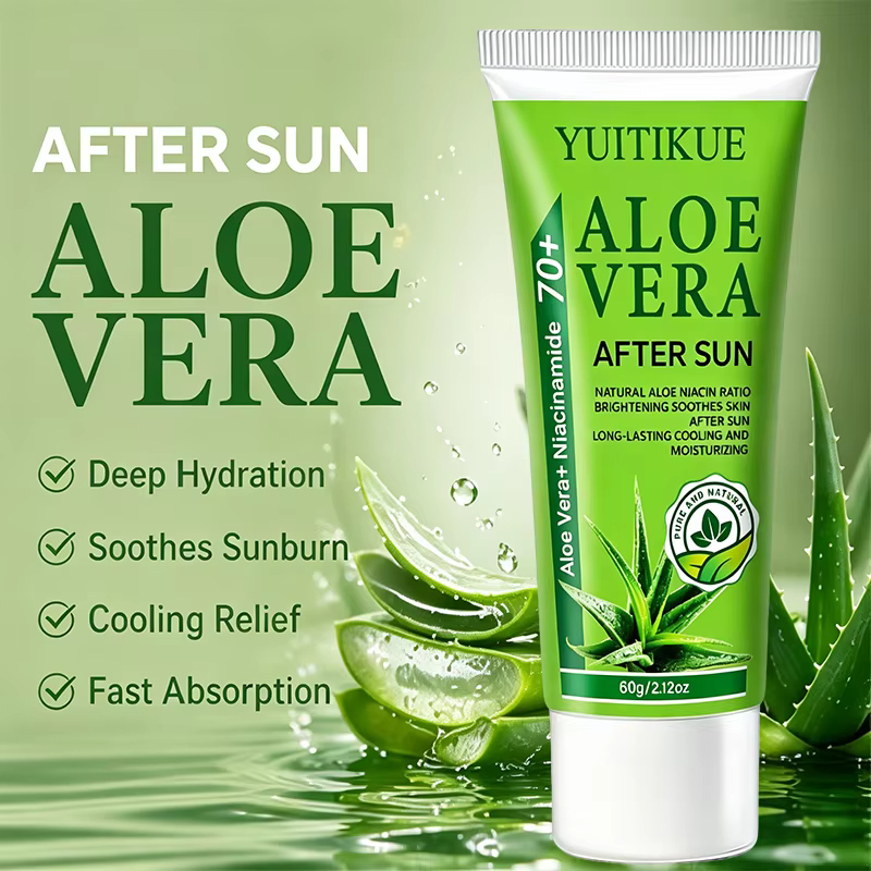 YUITIKUE 70+ Gel Après-Soleil à l'Aloe Vera et Niacinamide, Rafraîchissant, Apaisant, Hydratant Longue Durée pour le Visage et le Corps, Peaux Exposées au Soleil, 60g