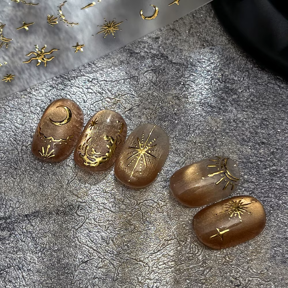 3D bronzant or lune étoile Nail Art autocollants rétro bohême soleil