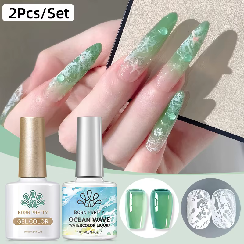 BORN PRETTY 1/2Pcs Ocean Wave Watercolor Liquid Gel Nail Polish Set White