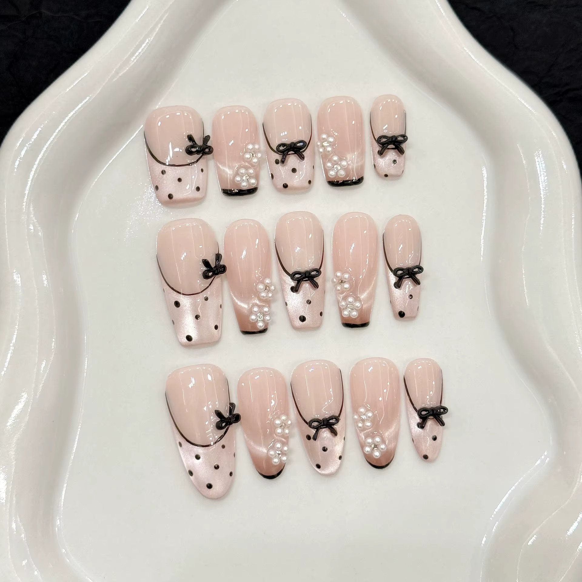 10 pièces ballerine portable à la main faux ongles rose oeil de chat vague Point français