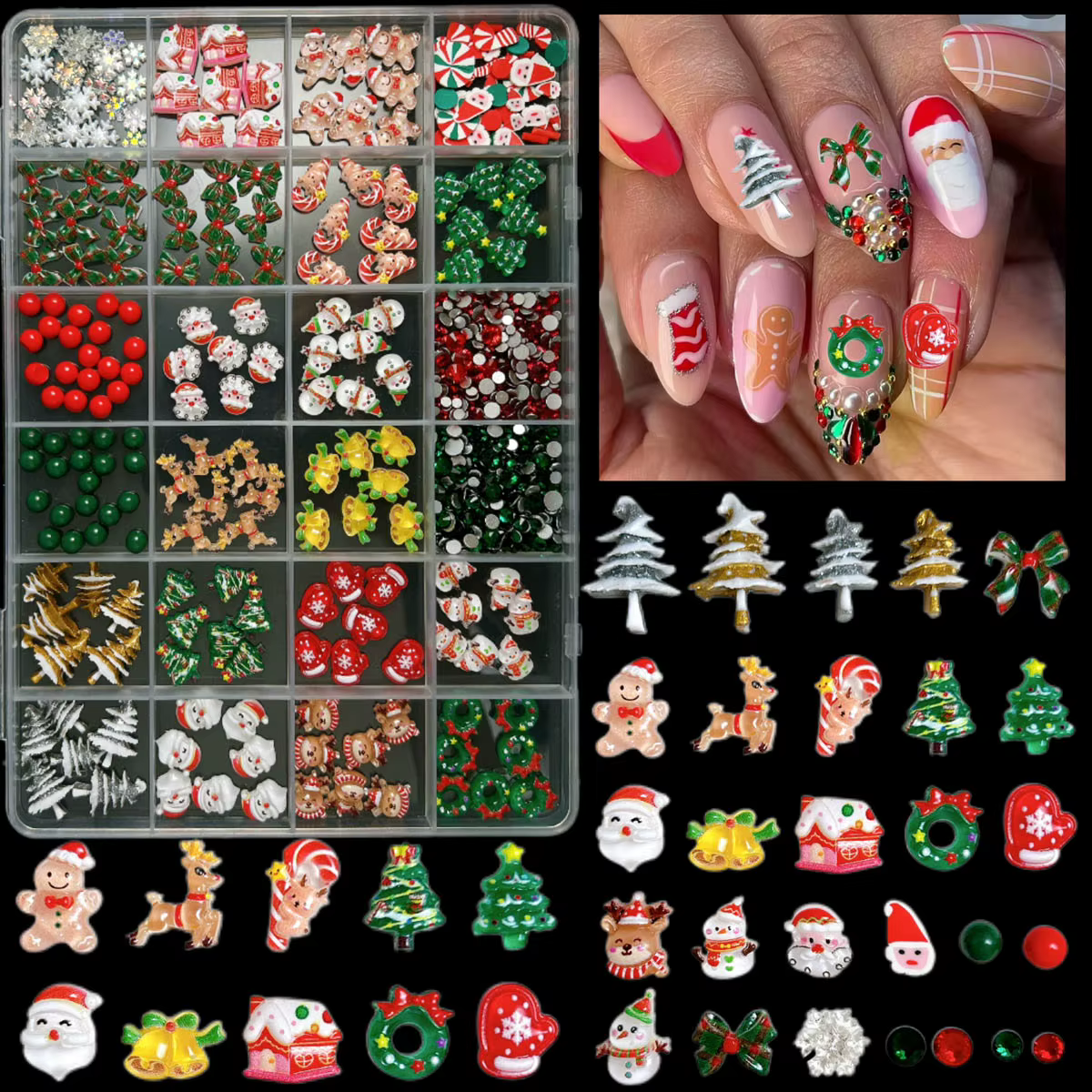 1 boîte 3D Adorable père noël élan cloche ongles breloques créatif arbre