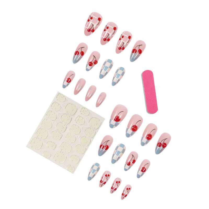 Faux ongles à presser bleus à carreaux style cerise française